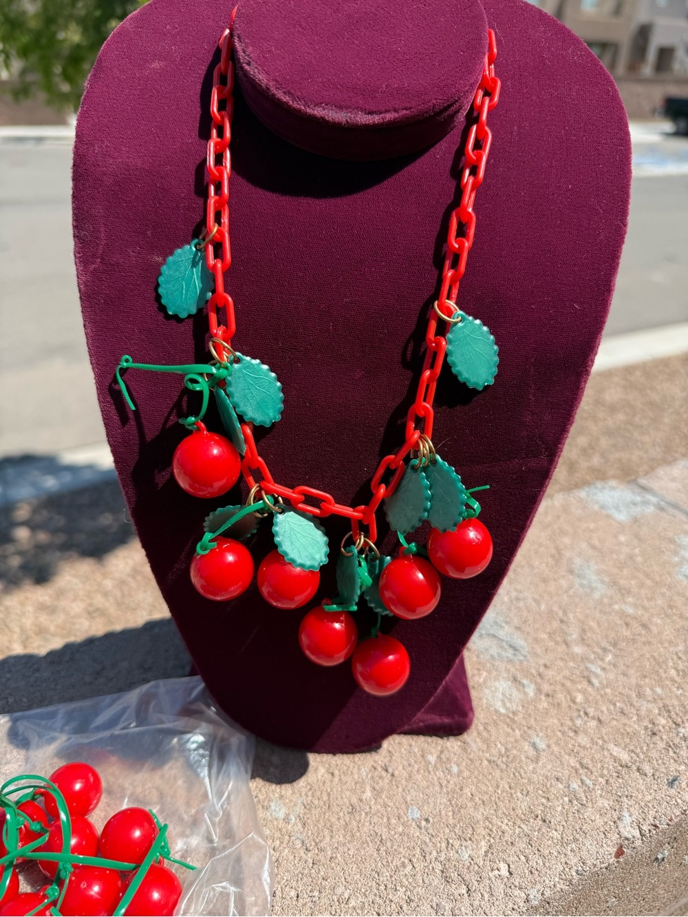 Vintage Celluloid Cherry & Leaf Bib Necklace, Red Chain, 1940s Style Fruit